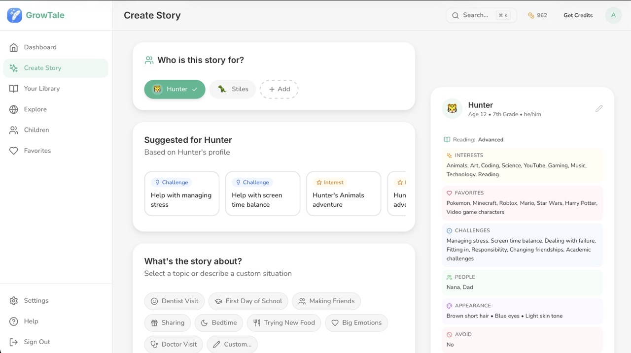 GrowTale story creator on desktop with customization options